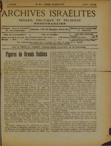 Archives israélites de France. Vol.80 N°33 (14 août 1919)